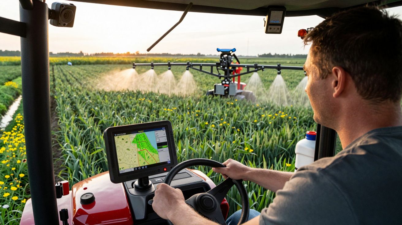 Agricultor conduz trator com sistema GPS, pulverizando plantação ao pôr do sol.
