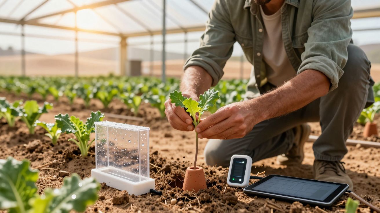 Pessoa cuidando de planta em estufa com dispositivos tecnológicos ao redor.