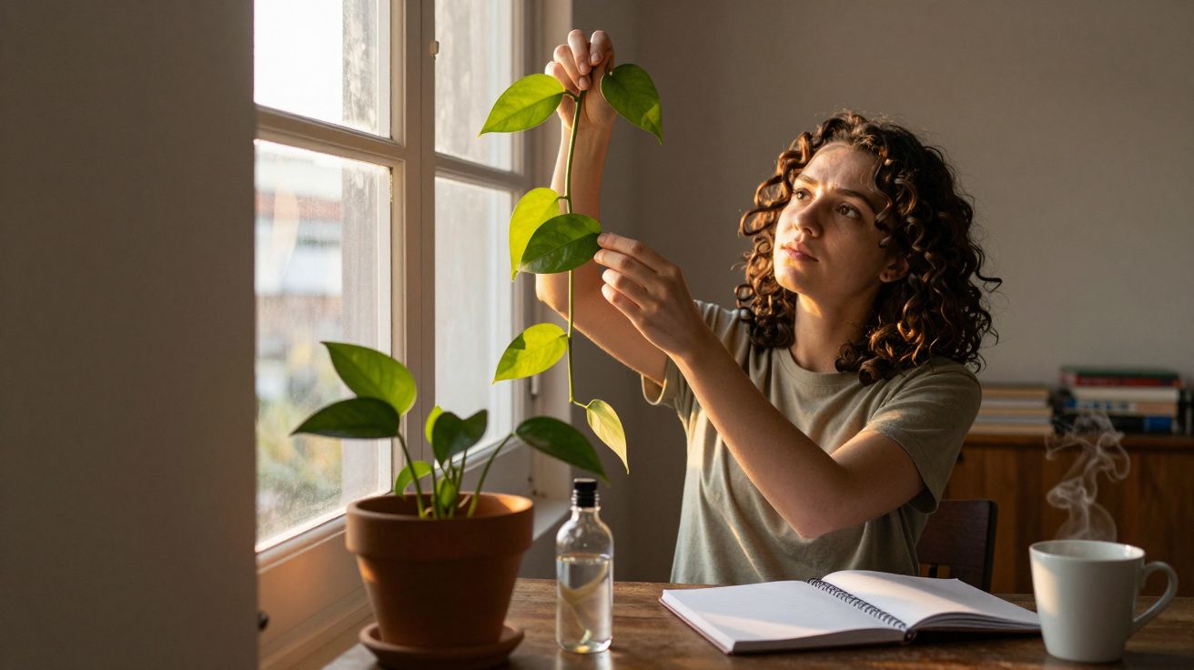 Mulher ajusta planta num vaso junto à janela, ao lado de um caderno aberto, garrafa e chávena de café.