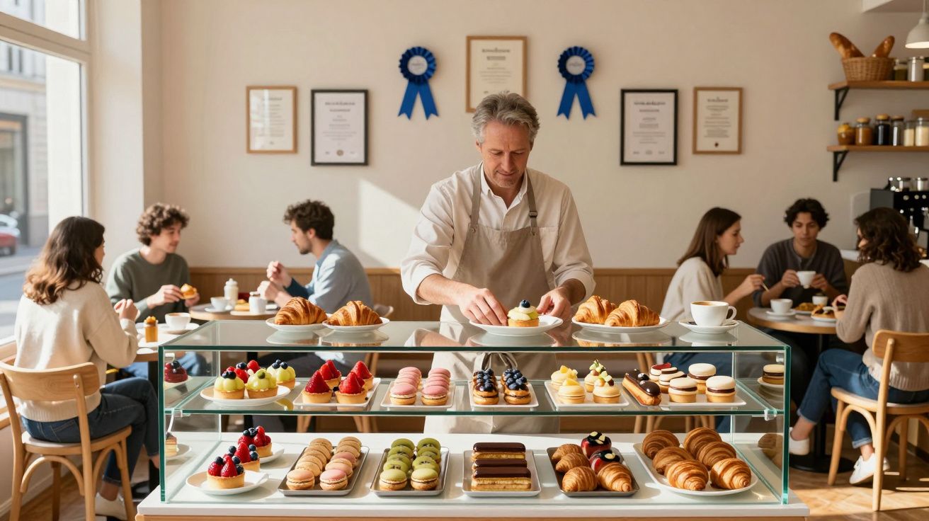 Confeiteiro arruma doces em vitrine de pastelaria, com clientes sentados a desfrutar do ambiente acolhedor e elegante.