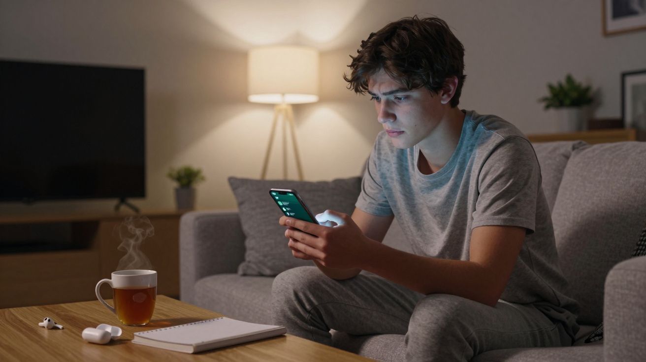 Jovem sentado no sofá olha para o telemóvel, com uma chávena de chá e caderno na mesa ao lado. Sala iluminada.