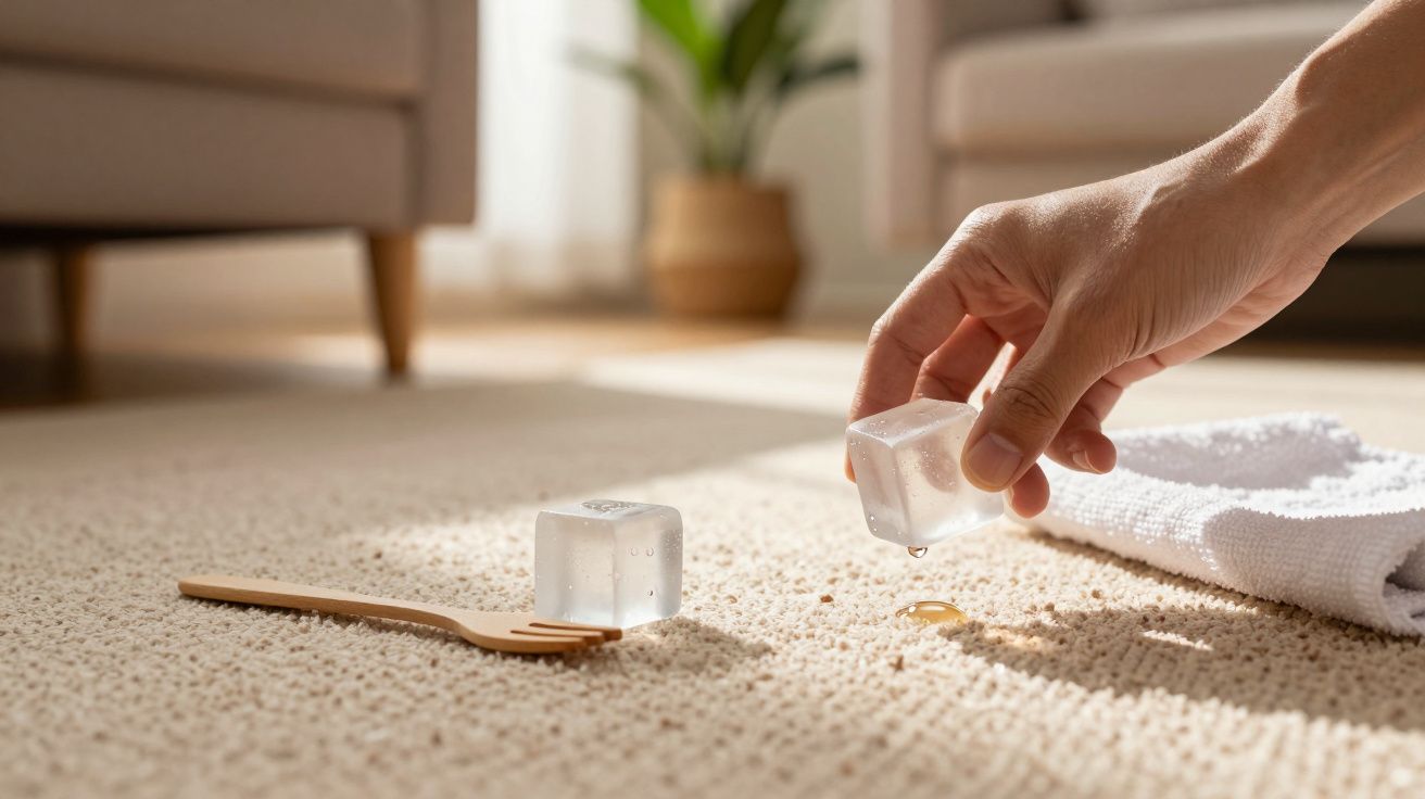 Mão segura cubo de gelo sobre tapete claro com garfo de madeira e toalha ao lado.