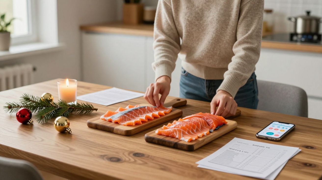 Pessoa prepara filetes de salmão numa cozinha moderna, com decoração natalícia, ao lado de um smartphone e documentos.