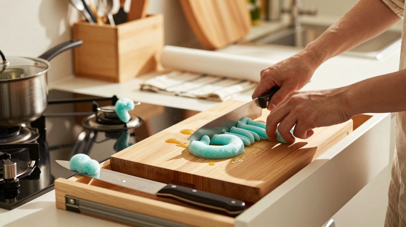 Pessoa a cortar massa azul em forma de salsicha numa tábua de madeira na cozinha.