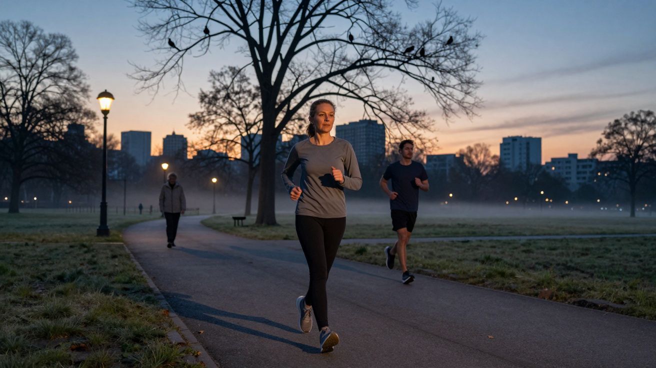Três pessoas a correr num parque ao amanhecer, com árvores e prédios ao fundo.