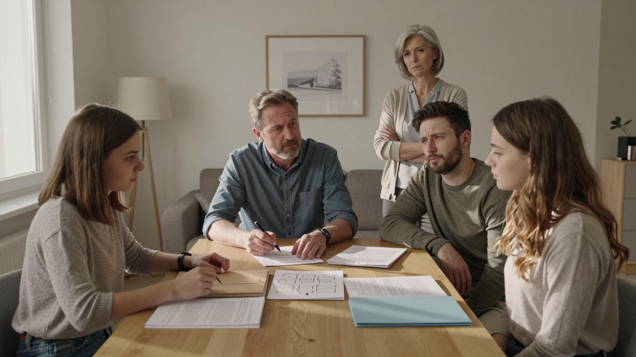 Grupo de cinco pessoas reunido à mesa, envolvido numa discussão, com papéis e documentos à sua frente.