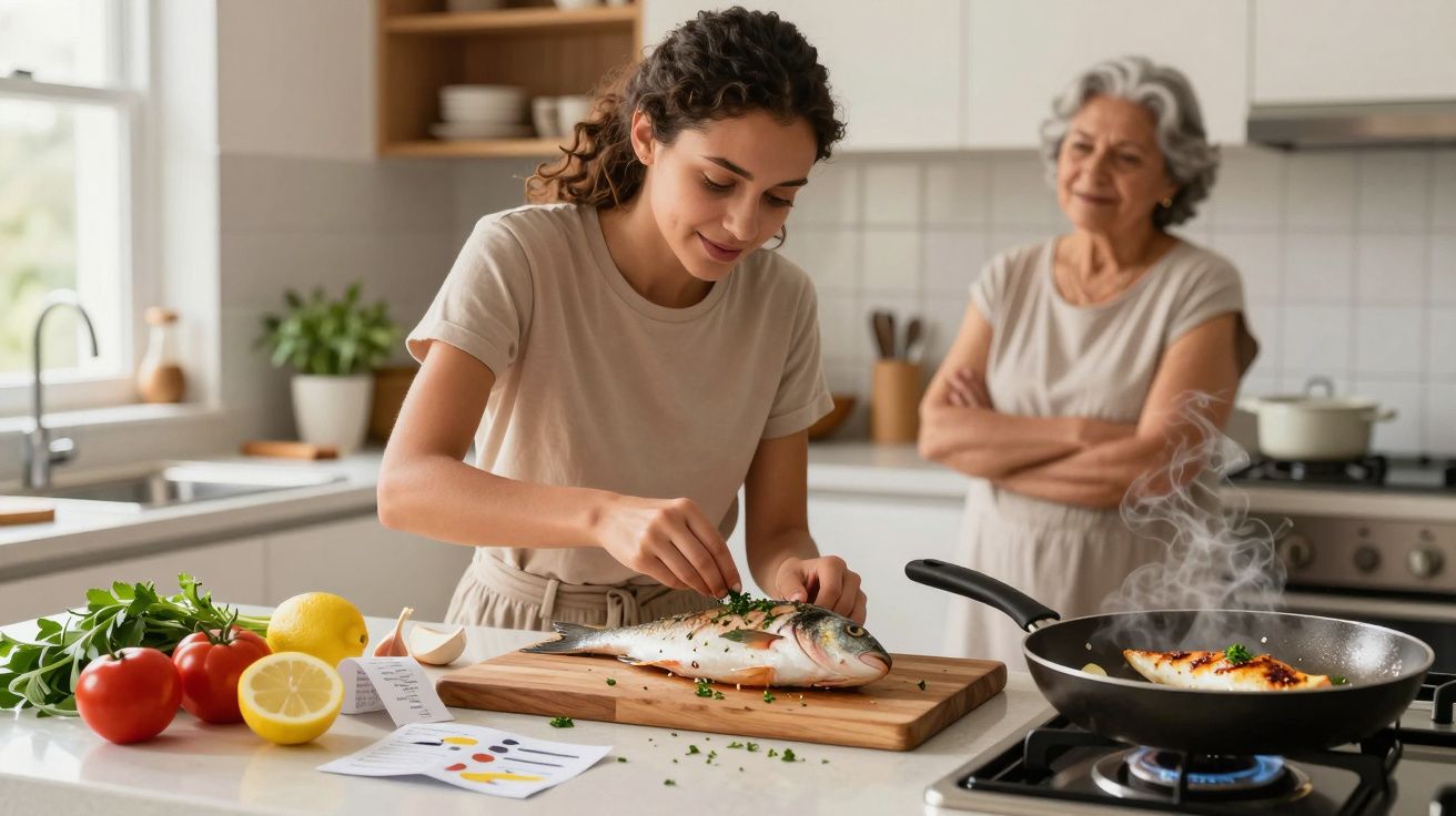 Mulher prepara peixe na cozinha enquanto senhora observa ao fundo.