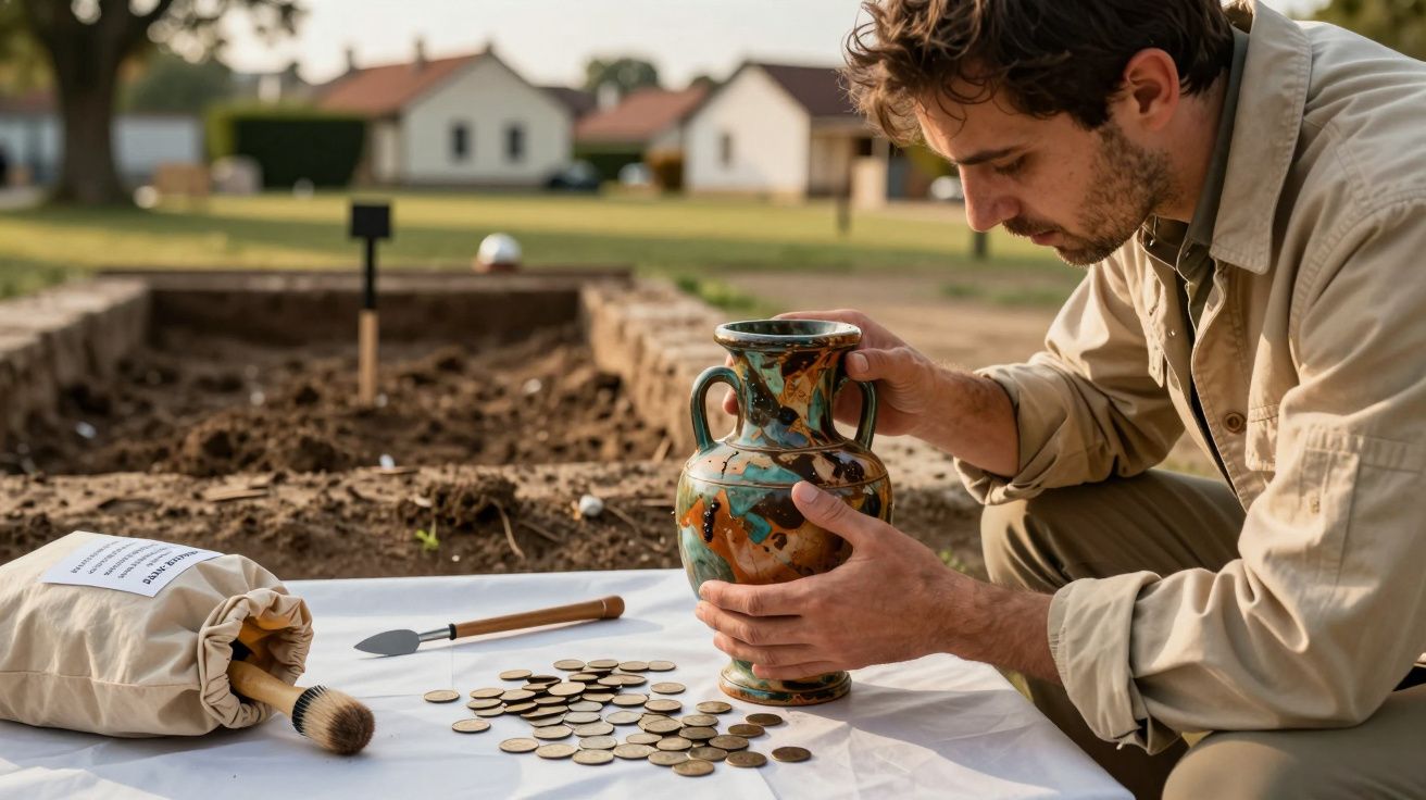 Arqueólogo examina um vaso antigo num sítio escavado, com moedas e ferramentas de escavação sobre um pano branco.