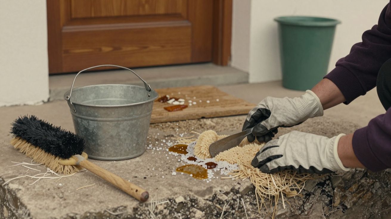 Pessoa com luvas a limpar macarrão e molho derramados no chão, com uma escova e um balde ao lado.
