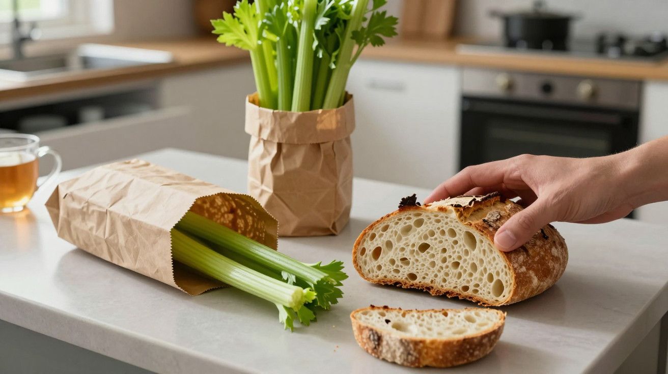 Mão corta pão sobre bancada de cozinha com aipo em papel pardo e chá ao fundo.