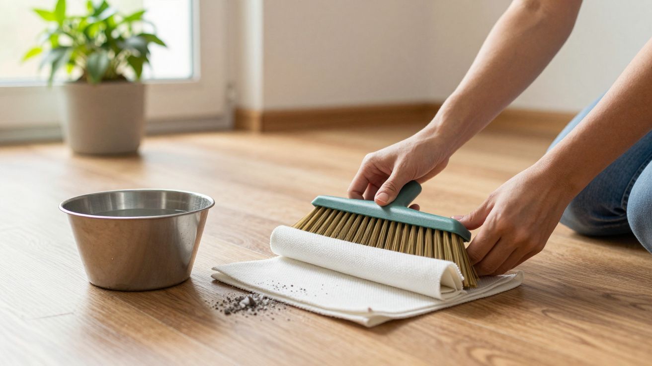 Pessoa a varrer pó para uma pá feita de pano, com balde metálico ao lado, num chão de madeira. Planta ao fundo.