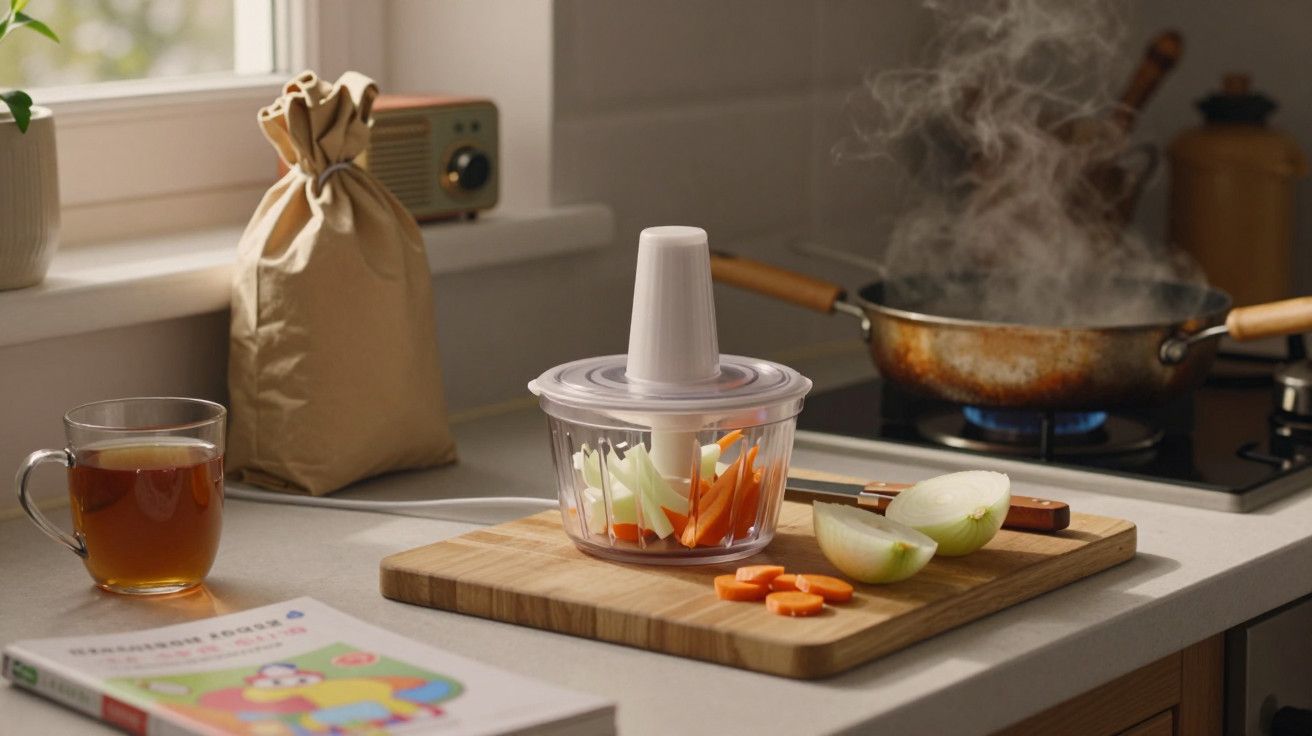 Cozinha com legumes cortados, chávena de chá, livro e panela ao lume a ferver.