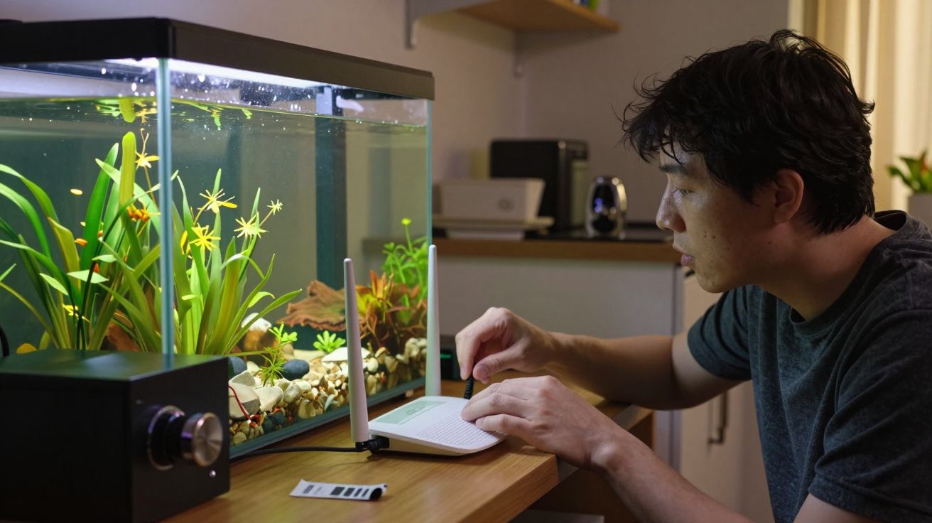 Homem ajusta equipamento tecnológico ao lado de um aquário em uma mesa de madeira.