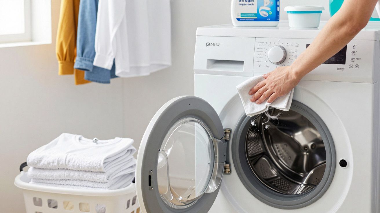 Pessoa a limpar uma máquina de lavar aberta, com cesto de roupa branca ao lado e detergente em cima.