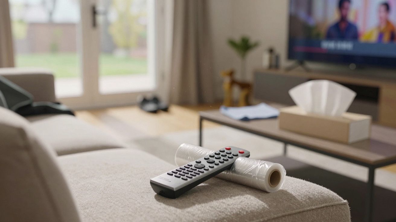 Comando e rolo de plástico em sofá, mesa com caixa de lenços ao fundo, televisão ligada, porta de vidro à esquerda.