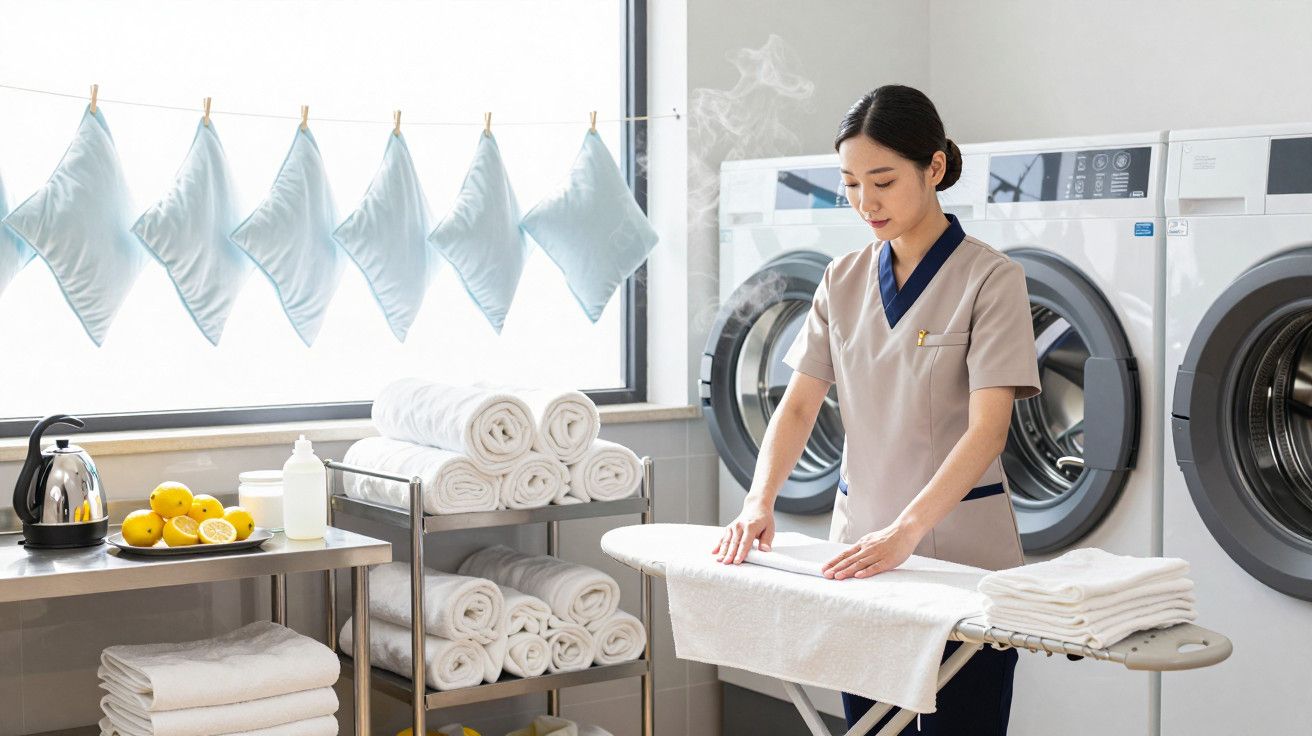 Mulher pressionando toalha em lavandaria com máquina de lavar, toalhas dobradas, citrinos e pano a secar na janela.