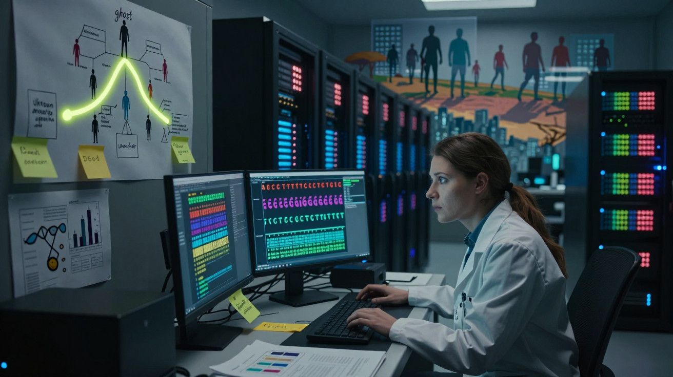 Cientista em laboratório de dados analisa gráficos e códigos no computador, com servidores iluminados ao fundo.