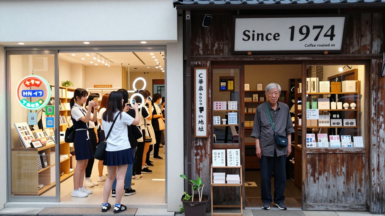 Pessoas em loja de papelaria moderna ao lado de uma loja vintage com um homem idoso à entrada.