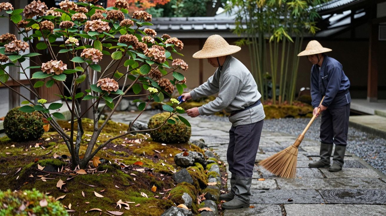 Duas pessoas com chapéus tradicionais cuidam de um jardim japonês, uma a podar flores e outra a varrer.
