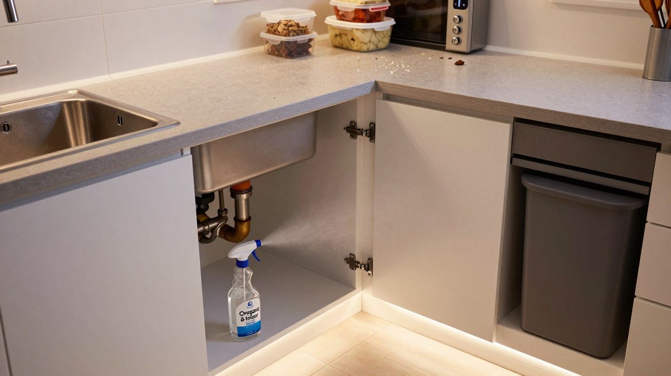 Armário de cozinha aberto com spray desinfetante em baixo do lava-loiça, comida e migalhas espalhadas no balcão.