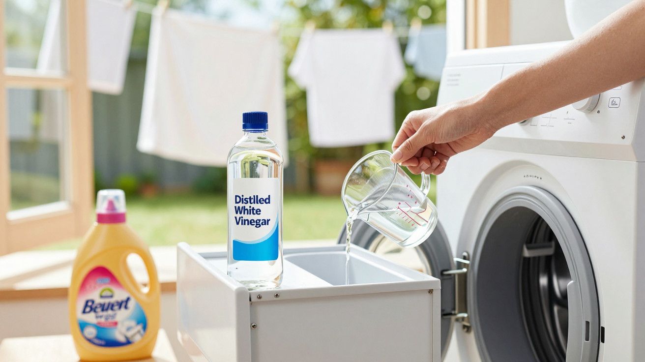 Pessoa a despejar líquido transparente no compartimento da máquina de lavar roupa. Vinagre e detergente ao lado.