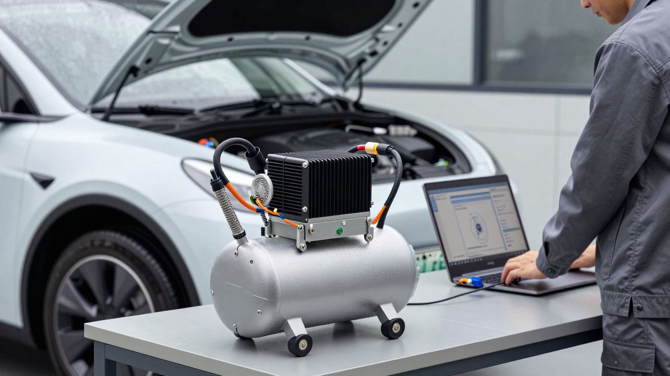Técnico analisa dados num portátil ao lado de um compressor e um carro elétrico com o capô aberto.