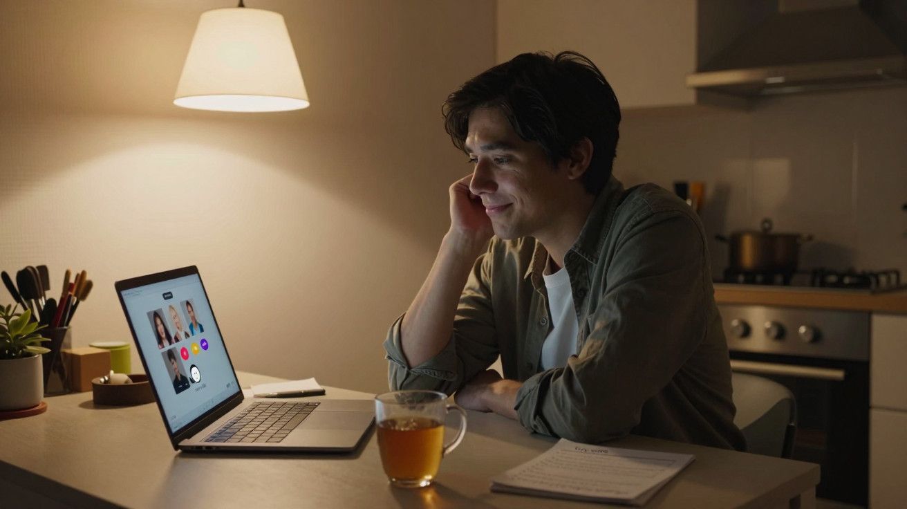 Homem em videochamada no portátil, sentado à mesa da cozinha à noite, com chá e notas ao lado.