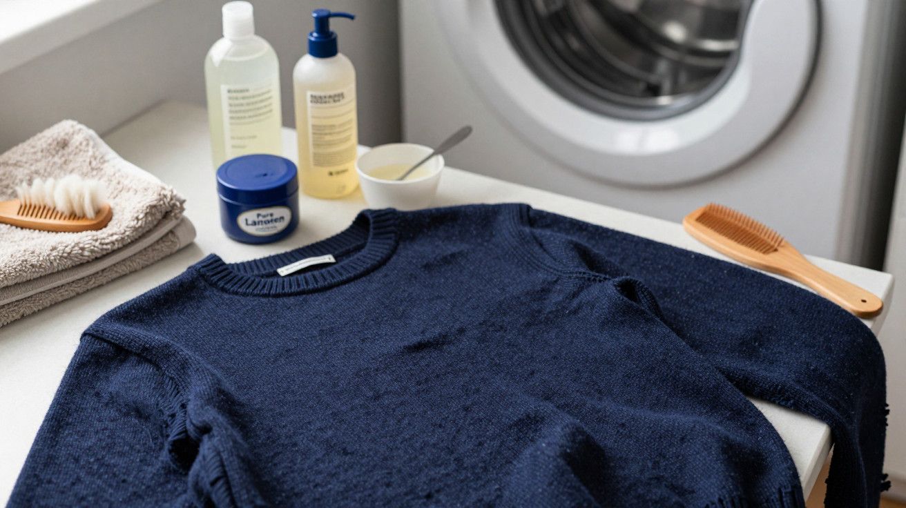 Camisola azul em cima de bancada com produtos de lavagem e máquina de lavar ao fundo.