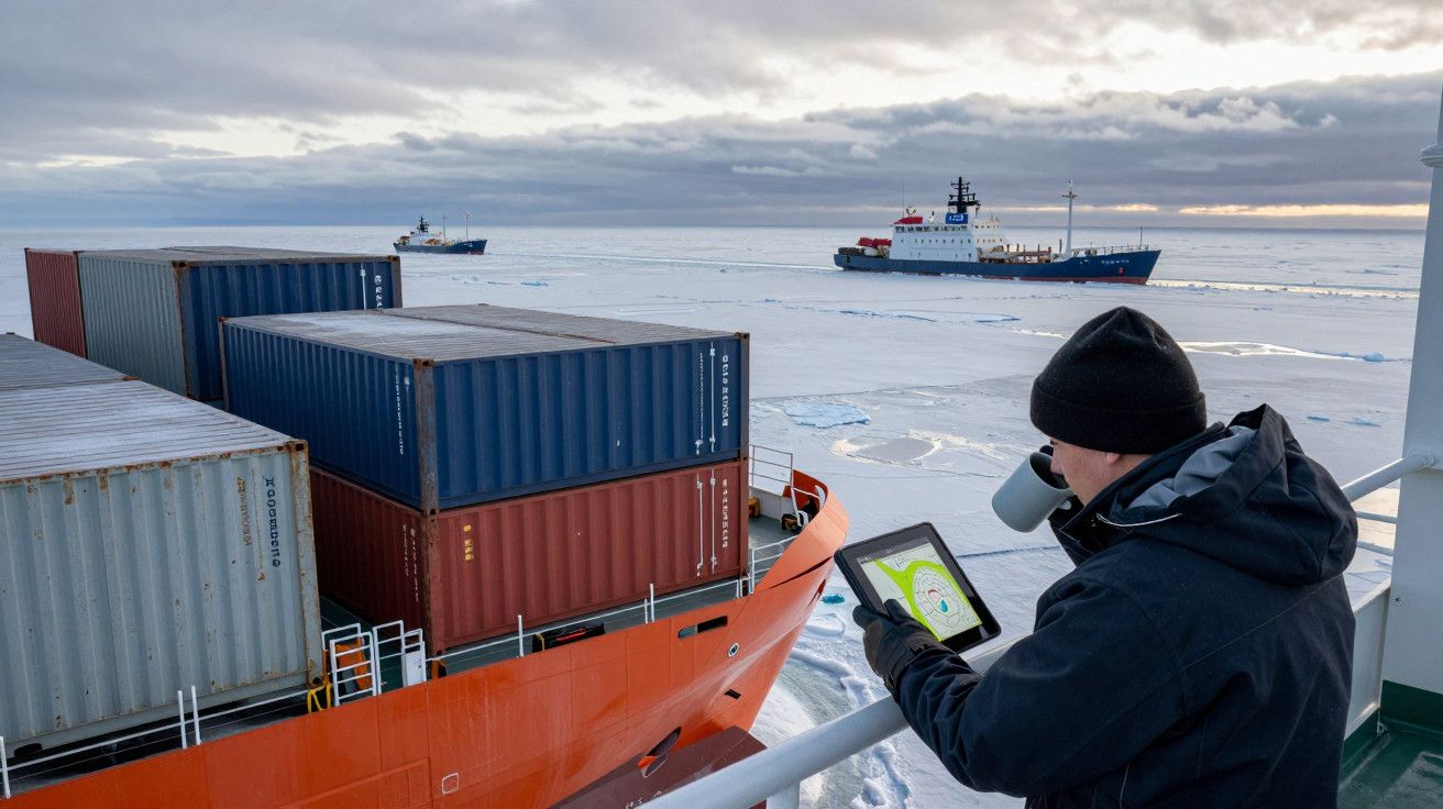 Homem a usar tablet num navio de carga no Ártico, com dois navios na distância sobre o gelo.