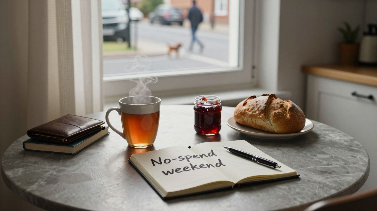 Mesa com caderno "No-spend weekend", chá fumegante, compota e pão à janela com vista para rua.