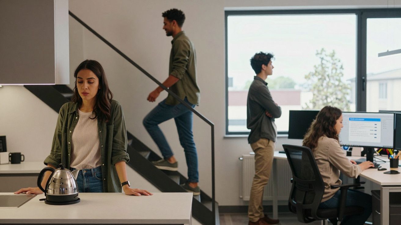 Mulher numa cozinha, segurando cafeteira elétrica, enquanto colegas trabalham em computadores e um homem sobe escadas.