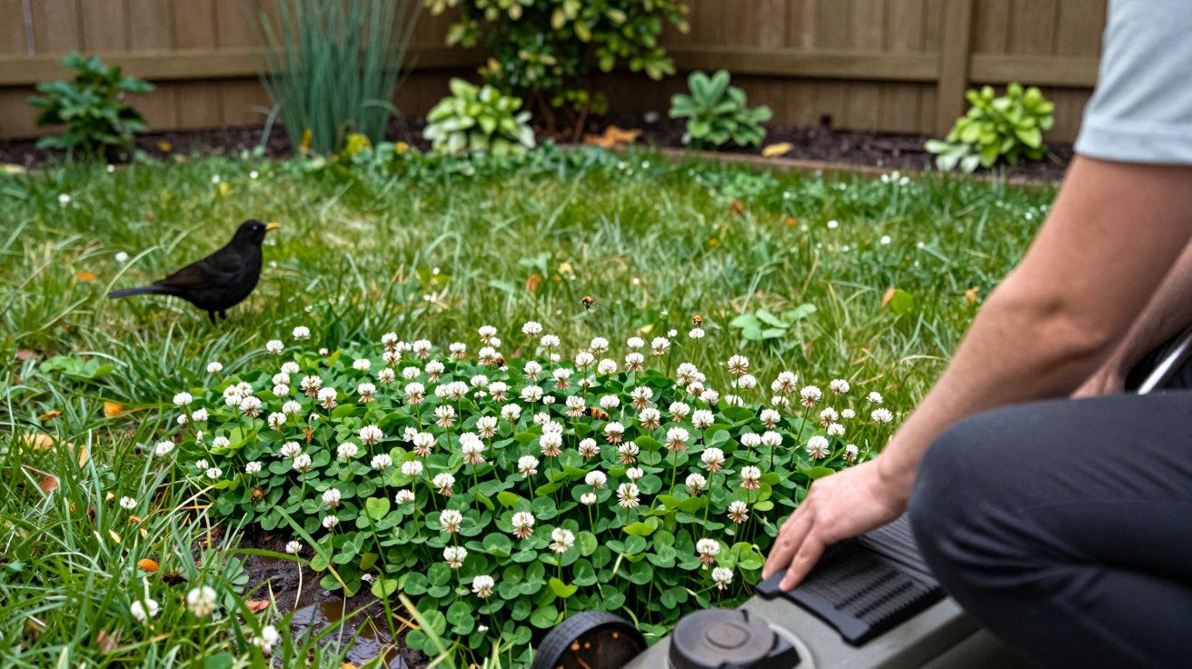 Homem a cortar relva num jardim com flores brancas e pássaro preto próximo.