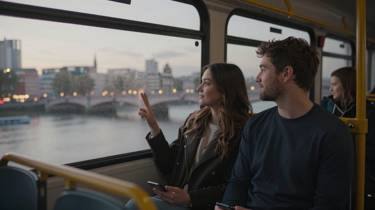 Casal no autocarro observa a paisagem urbana ao anoitecer, com rio e ponte visíveis pela janela.