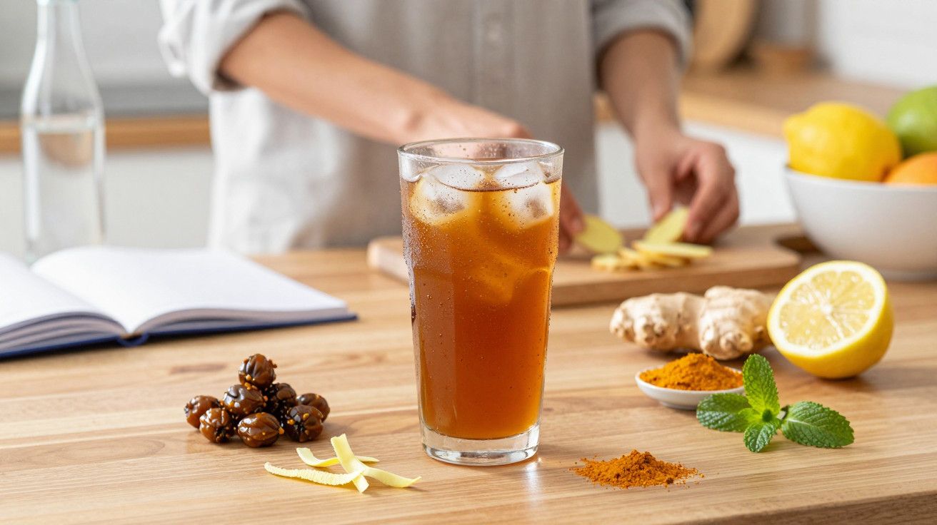 Copo de chá com gelo ao lado de gengibre, limão, hortelã e especiarias; pessoa ao fundo a preparar ingredientes.