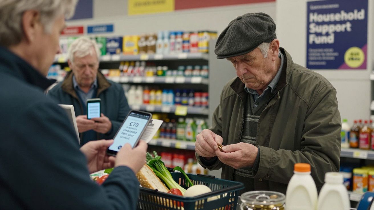 Homem idoso segura moedas numa loja, enquanto duas pessoas ao fundo verificam telemóveis junto a uma caixa registadora.