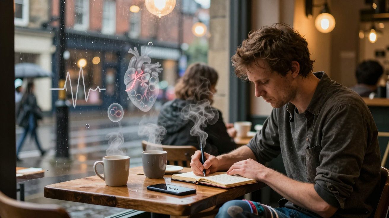 Homem escreve em caderno num café enquanto bebe chá. A janela mostra desenhos digitais de coração e batimento cardíaco.
