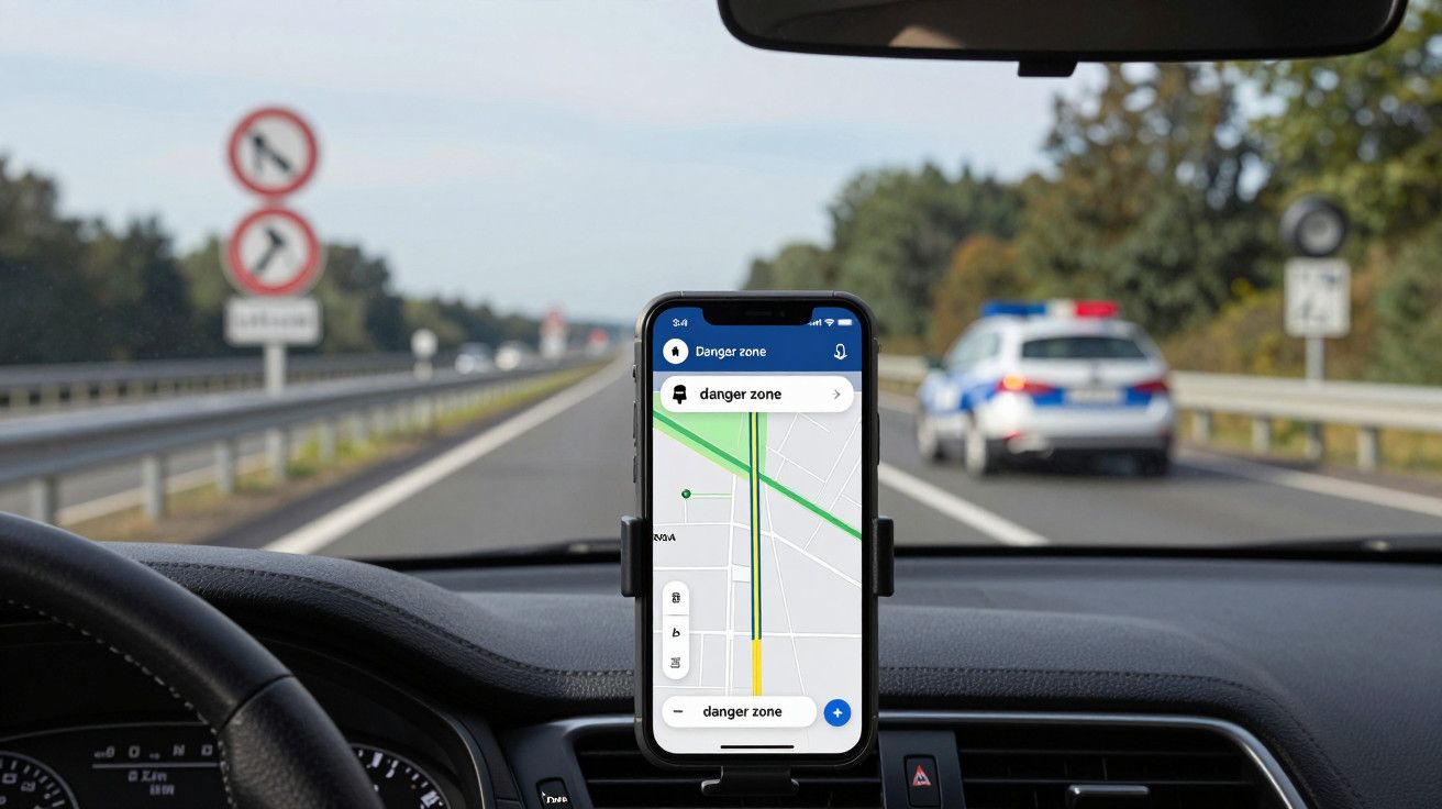 Aplicação de navegação num smartphone no suporte do carro, mostrando a estrada e um carro de polícia ao fundo.