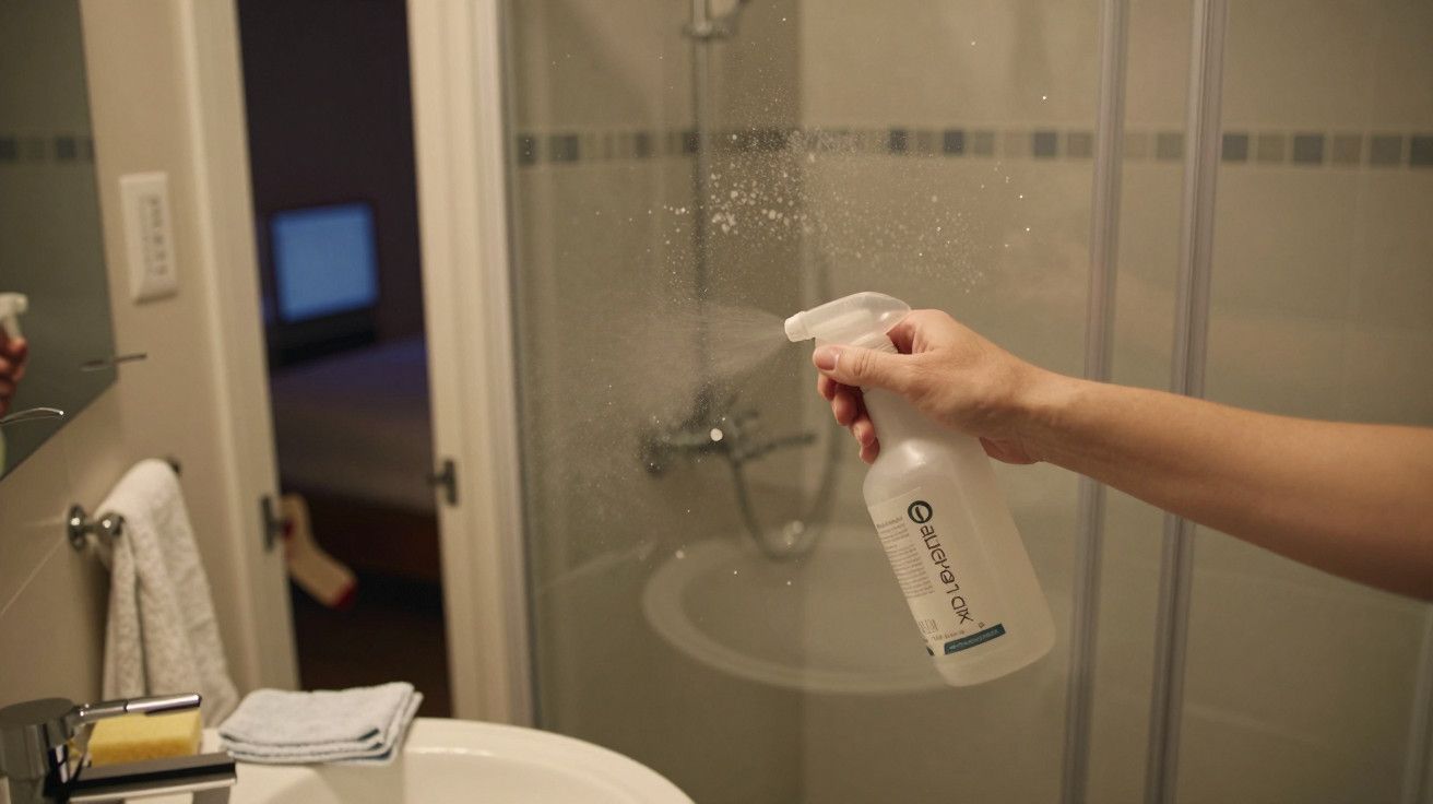 Mão pulverizando produto de limpeza em cabine de duche num hotel.