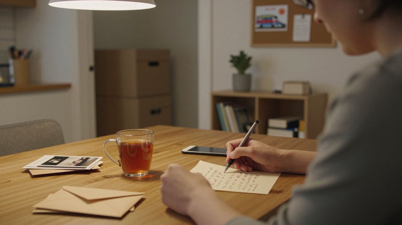 Pessoa escrevendo à mesa com chá, telemóvel e envelopes. Sala com prateleiras e luz suave.