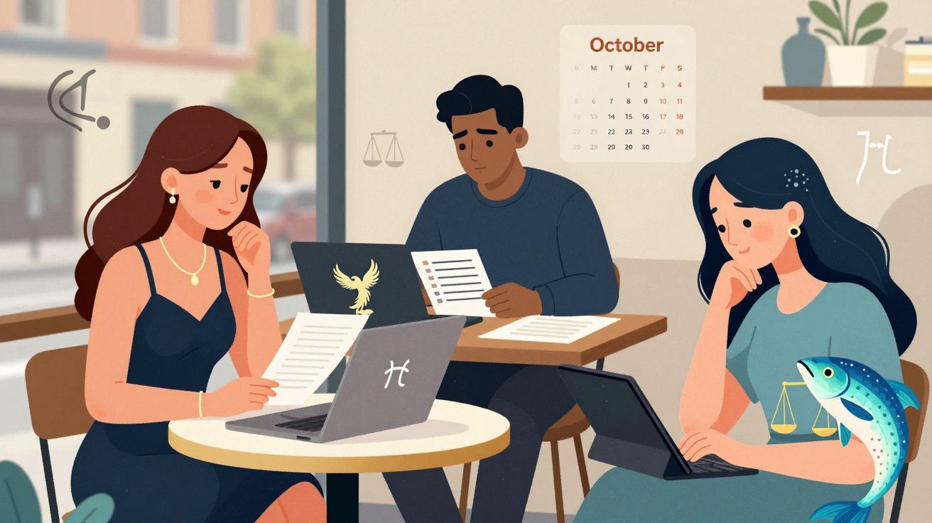 Três pessoas a trabalhar em laptops numa mesa, com um calendário de outubro na parede e símbolos astrológicos ao redor.