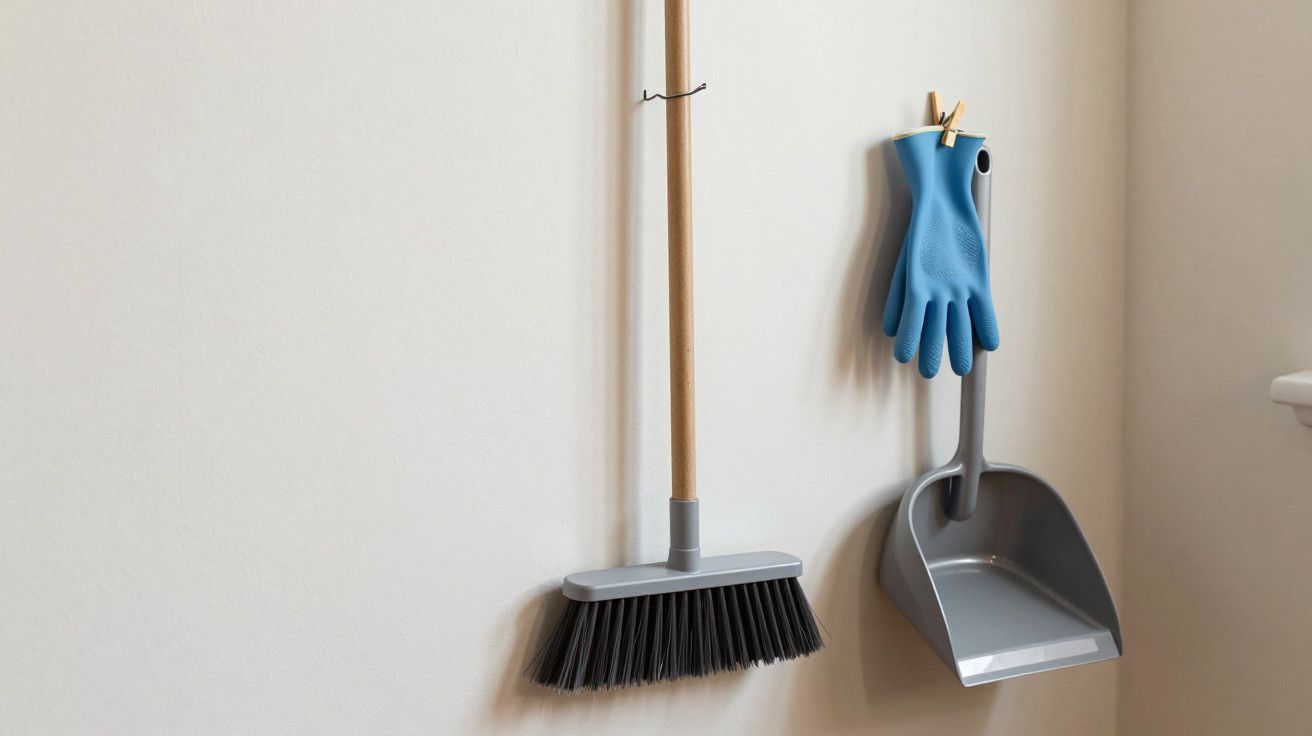 Vassoura, pá e luvas de limpeza azuis penduradas na parede clara.