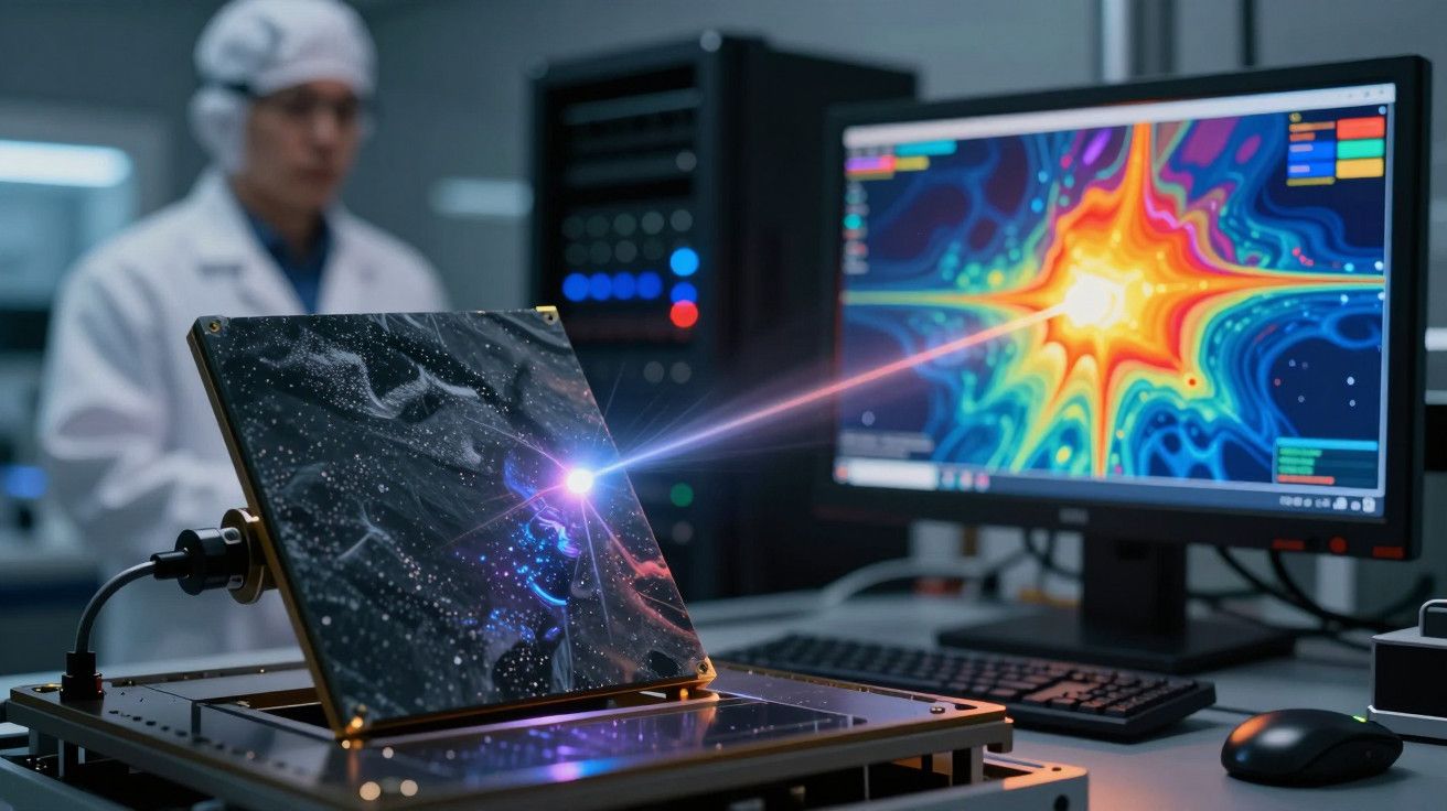 Cientista em laboratório observa monitor com dados coloridos e laser incidindo em superfície técnica.