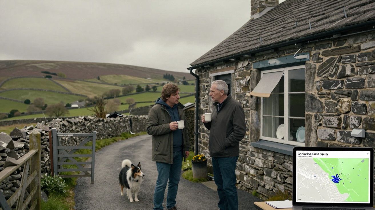 Dois homens conversam em frente a uma casa de pedra no campo, segurando chávenas de chá, com um cão ao lado.