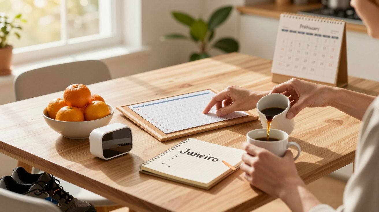 Mesa com calendários, caderno, tigela de laranjas, sapatos e pessoa servindo café numa caneca.
