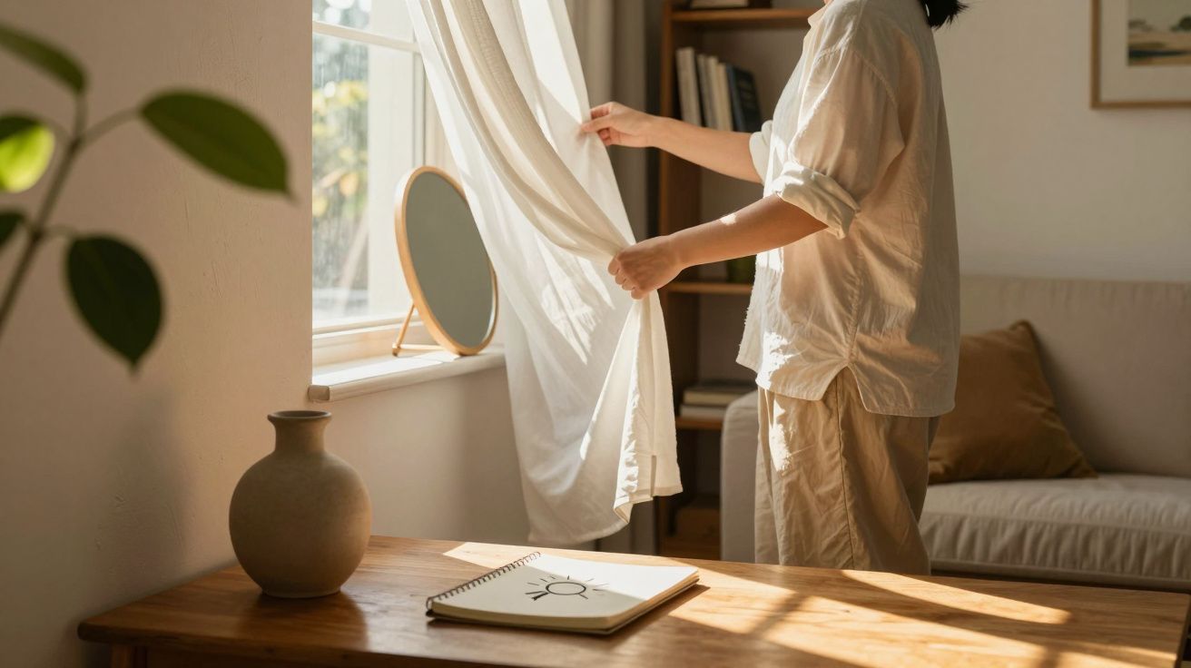 Pessoa a abrir cortinas, com luz solar entrando na sala. Mesa com caderno, vaso e espelho circular.