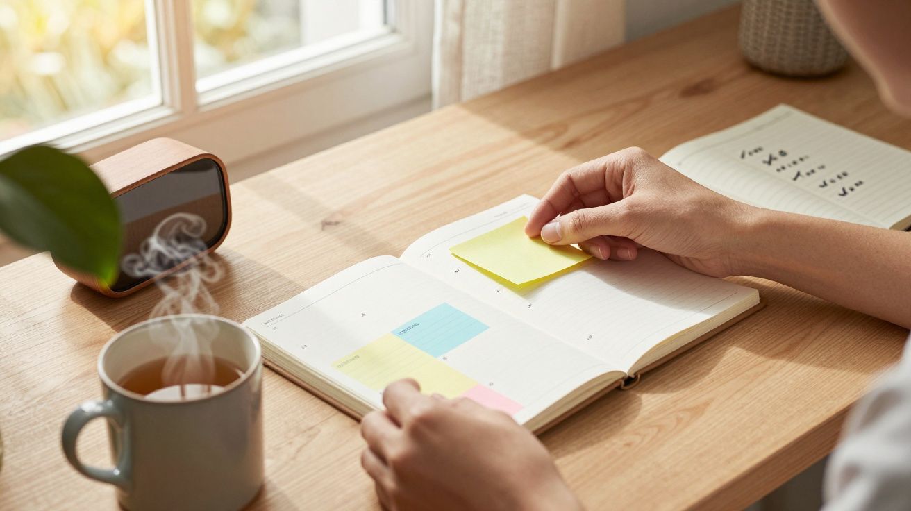 Pessoa coloca nota adesiva em agenda sobre mesa com chá fumegante e relógio, perto de janela iluminada.