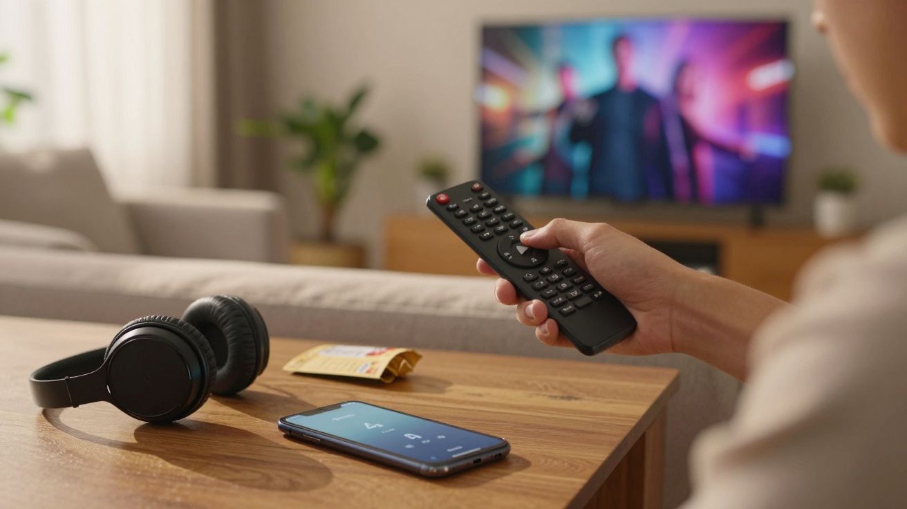 Pessoa segurando controlo remoto na sala. Mesa com auscultadores e smartphone. Televisão ligada ao fundo.