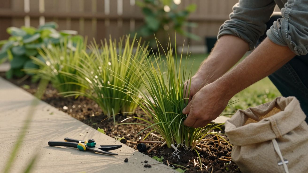 Pessoa a plantar ervas num canteiro de jardim, com ferramentas de jardinagem e um saco ao lado.