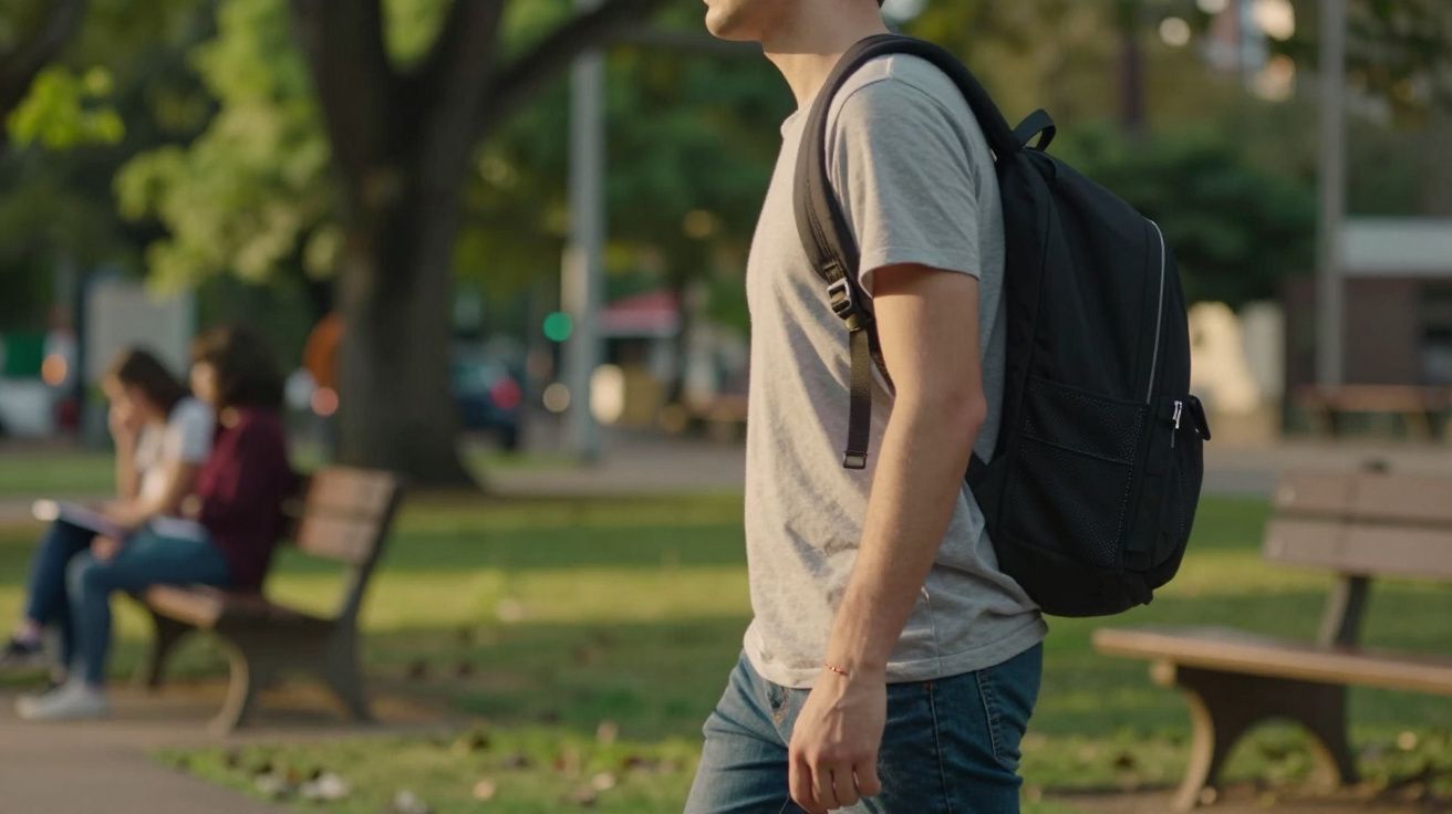 Homem com mochila preta a passear num parque, duas pessoas sentadas em bancos ao fundo.