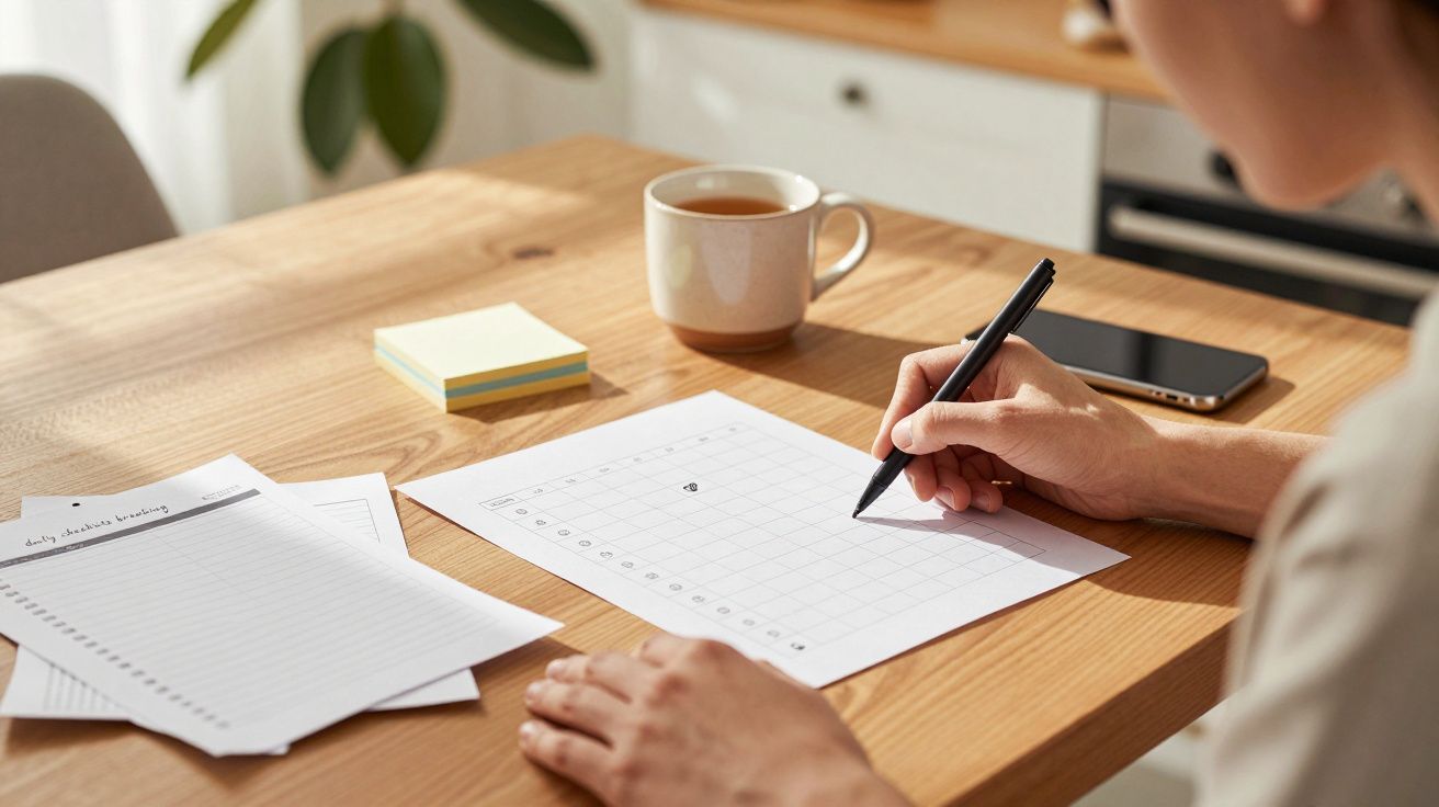 Pessoa escreve num planner em mesa de madeira, com chávena de café, bloco de notas e telemóvel ao lado.